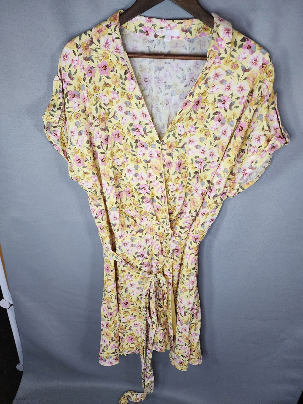 Gianni Bini Yellow Floral Wrap Dress with Pink Blooms